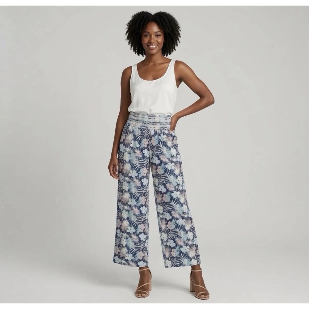 Beau Dawson Linen Blend Wide Leg Tropical Palms Smocked Waist Flowy Pants S